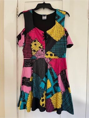 Disney Sally Patchwork Cold-Shoulder Mini Dress - Pink, Teal, Yellow, Black L
